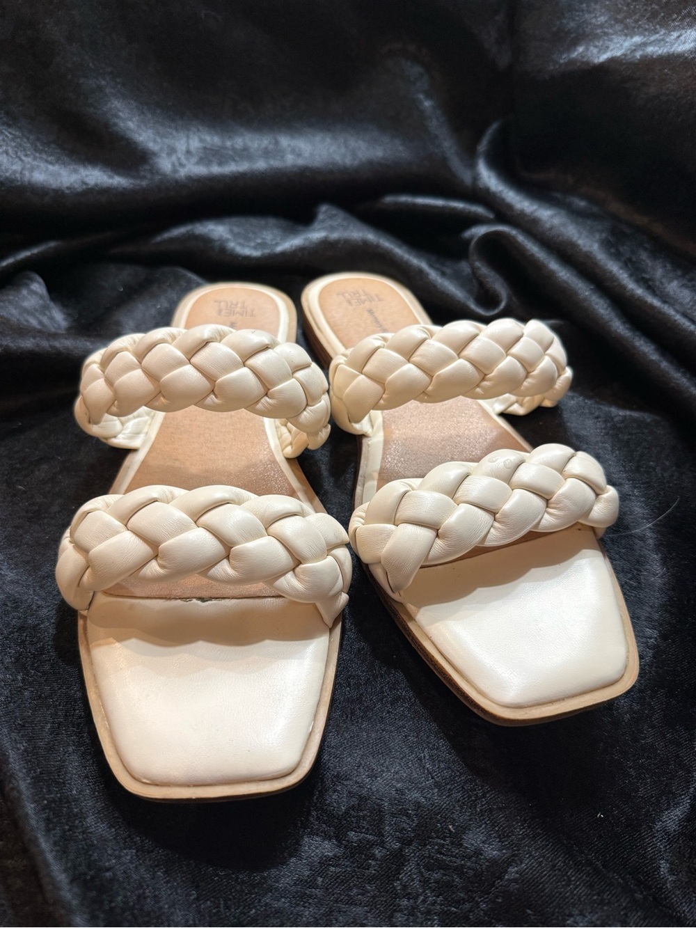 Braided Double-Strap Slide Sandals in Cream